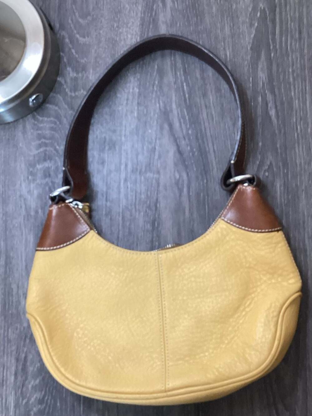 Dooney & Bourke Yellow Pebbled Leather Hobo Shoulder Bag with Brown Trim - Picture 3 of 7